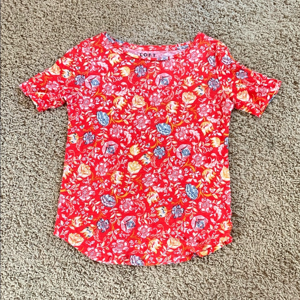 LOFT Red Floral Linen Tee S